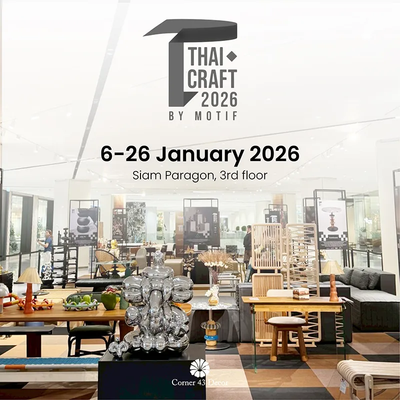 Corner 43 Decor booth at THAI CRAFT Exhibition 2026 showcasing handcrafted furniture