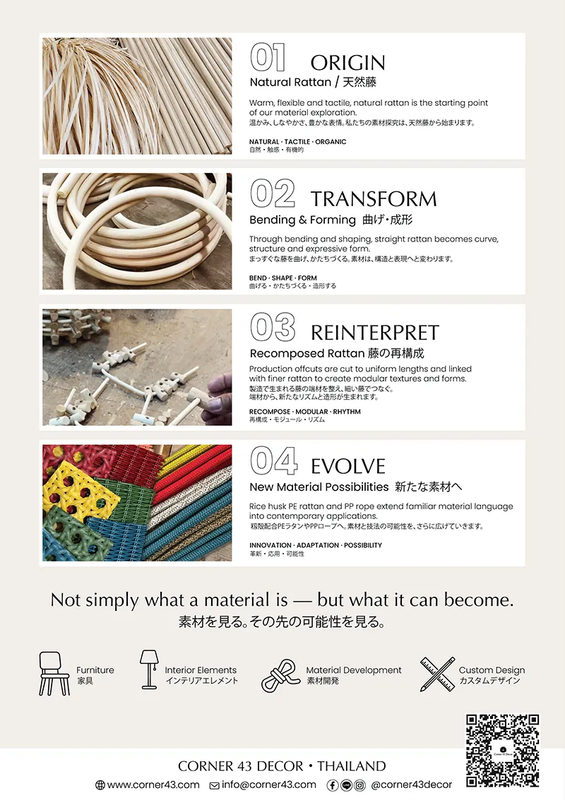 Corner 43 Decor’s Material in Motion presents four stages—Origin, Transform, Reinterpret and Evolve—from natural rattan to new material possibilities.